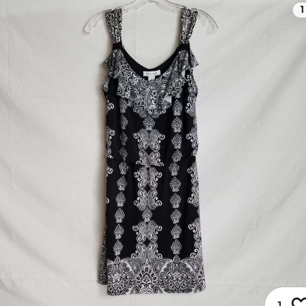 White House Black Market Dress Black White Paisley Ruffle Stretch